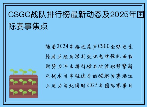 CSGO战队排行榜最新动态及2025年国际赛事焦点